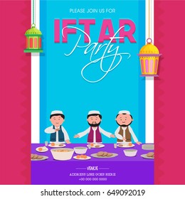 Ramadan Kareem Iftar Party Invitation design with illustration of muslim men enjoying delicious food.