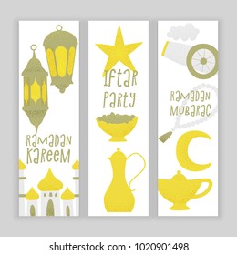 Ramadan kareem Iftar party, vector muslim design, golden lanterns and mosque