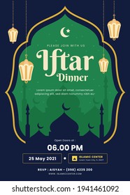 Ramadan Kareem Iftar Poster Invitation Background Islamic Symbol Sillhouette Mosque And Lantern For Breakfasting. And Man Praying. Vector Illustration Idea Concept Flat Styles.