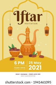 Ramadan Kareem Iftar Poster Invitation Background Islamic Symbol With Teapot, Lantern And Dates Or Food For Breakfasting. And Man Praying. Vector Illustration Idea Concept Flat Styles.