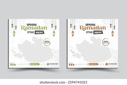 Ramadan Kareem Iftar Special Food Menu Restaurant  Design For Social Media Promotional Ads Post, Web Banner, Flyer, Leaflet, Poster template with stars and lantern decoration with mockup 