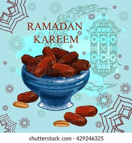Ramadan Kareem. Iftar. Suhoor. Lenten meal. Delicious dates on the plate.