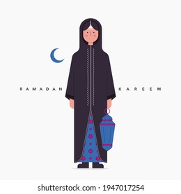 Ramadan Kareem Illustration. Arab Girl in Traditional Clothes holding a Lantern.