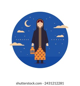 Ramadan Kareem Illustration. Arab Girl in Traditional Clothes holding a Lantern. Garangao Celebration.