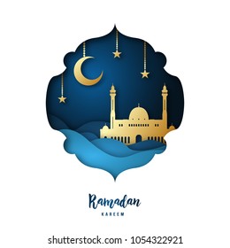 Ramadan Kareem illustration with arabic Gold Origami Mosque, Crescent Moon and Stars. Paper cut style. Vector background.