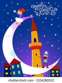 ramadan kareem illustration with children. handmade font. hosgeldin ramazan