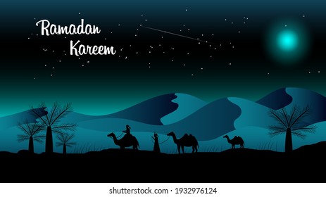 ramadan kareem illustration with desert scenery beautiful night on the desert with camel and caravan 