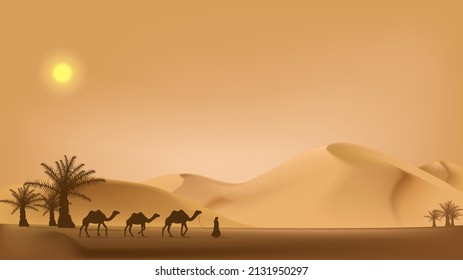 ramadan kareem illustration with desert scenery beautiful bright sky on the desert with camel, dates tree and caravan. vector illustration. 
