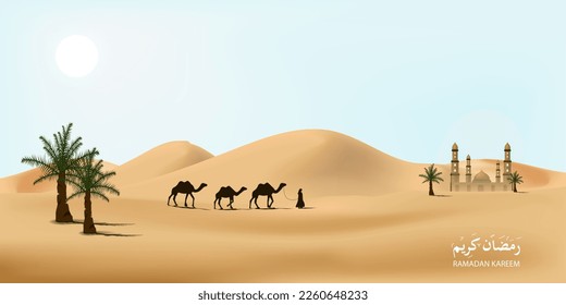 ramadan kareem illustration with desert scenery beautiful bright sky on the desert with camel, dates tree and caravan. vector illustration. 