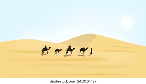 ramadan kareem illustration with desert scenery beautiful bright sky on the desert with camel and caravan. vector illustration. 