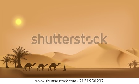 ramadan kareem illustration with desert scenery beautiful bright sky on the desert with camel, dates tree and caravan. vector illustration. 