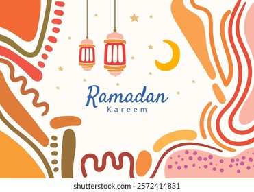 Ramadan Kareem illustration featuring abstract patterns, lanterns, a crescent moon, and stars. It reflects the festive, spiritual