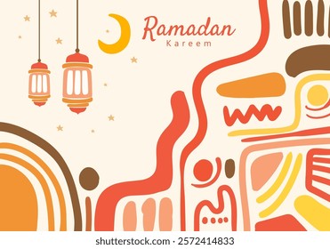 Ramadan Kareem illustration featuring abstract patterns, lanterns, a crescent moon, and stars. It reflects the festive, spiritual