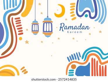 Ramadan Kareem illustration featuring abstract patterns, lanterns, a crescent moon, and stars. It reflects the festive, spiritual