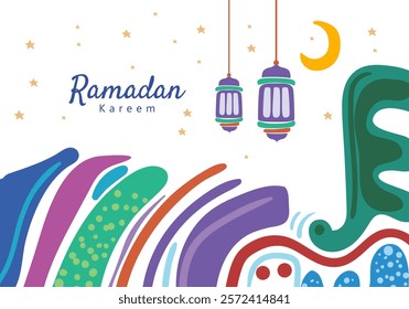 Ramadan Kareem illustration featuring abstract patterns, lanterns, a crescent moon, and stars. It reflects the festive, spiritual