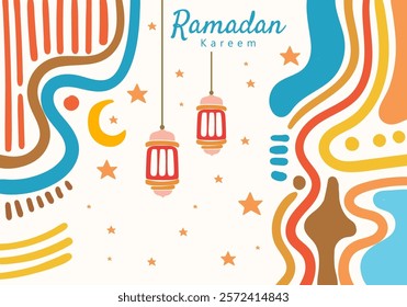 Ramadan Kareem illustration featuring abstract patterns, lanterns, a crescent moon, and stars. It reflects the festive, spiritual