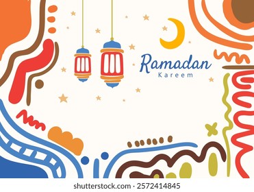 Ramadan Kareem illustration featuring abstract patterns, lanterns, a crescent moon, and stars. It reflects the festive, spiritual