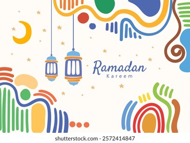 Ramadan Kareem illustration featuring abstract patterns, lanterns, a crescent moon, and stars. It reflects the festive, spiritual