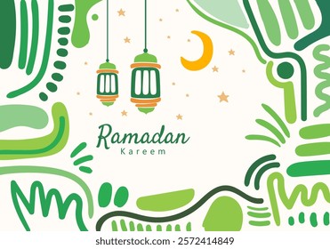 Ramadan Kareem illustration featuring abstract patterns, lanterns, a crescent moon, and stars. It reflects the festive, spiritual