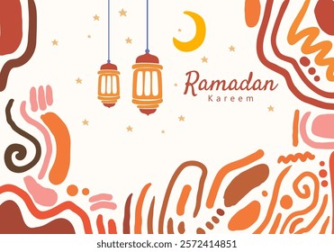 Ramadan Kareem illustration featuring abstract patterns, lanterns, a crescent moon, and stars. It reflects the festive, spiritual