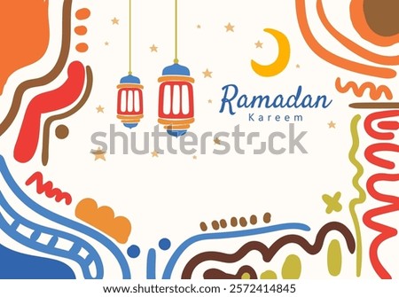 Ramadan Kareem illustration featuring abstract patterns, lanterns, a crescent moon, and stars. It reflects the festive, spiritual