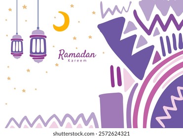 Ramadan Kareem illustration featuring colorful shapes, crescent moon, hanging lanterns, and decorative patterns.