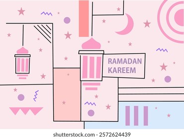 Ramadan Kareem illustration featuring colorful shapes, crescent moon, hanging lanterns, and decorative patterns.