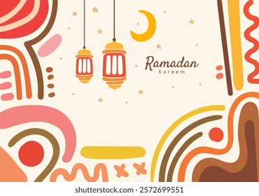 Ramadan Kareem illustration featuring colorful shapes, crescent moon, hanging lanterns, and decorative patterns.