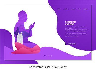 Ramadan Kareem illustration with fluid composition for landing page and background template. Banner with man praying to God and people hug each other. Vector illustration.