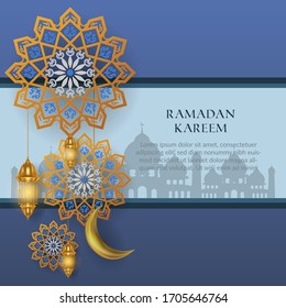 ramadan kareem illustration with golden lamp and moon for celebrate ramadan on blue background