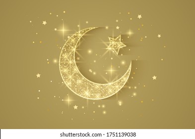 Ramadan Kareem illustration with golden moon with glittering texture on a golden background.  Vector Eps 10 format