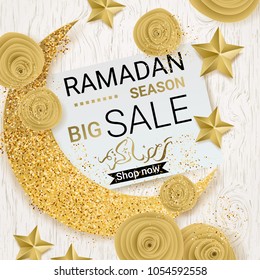 Ramadan Kareem illustration with golden paper moon and stars. Vector design template for greetings card, poster, banner, invitation.