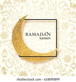 Ilustración de Ramadan Kareem con luna de papel dorado en un fondo de iconos de línea.  Plantilla de diseño de vectores para tarjeta de felicitaciones, afiche, banner, invitación.