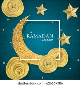 Ramadan Kareem illustration with golden paper moon on a line icons background.  Vector design template for greetings card, poster, banner, invitation.