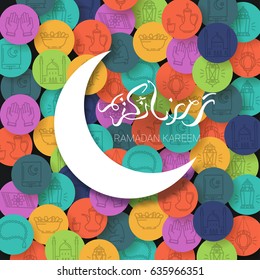 Ramadan Kareem illustration with golden paper moon and arabic calligraphy on a line icons background. Vector design template for greetings card, poster, banner, invitation.