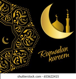 Ramadan Kareem illustration with golden pattern and moon on dark brown background. Vector design template for greetings card, banner or poster.