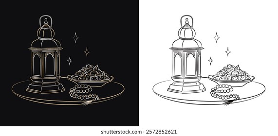 Ramadan Kareem illustration - hand drawn linear Arabic lantern, Muslim rosary praying beads and dates in a bowl as dish for Iftar isolated on black and white background. Eid Mubarak outline art