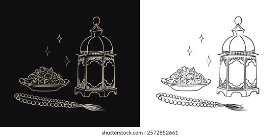 Ramadan Kareem illustration - hand drawn linear Arabic lantern, Muslim rosary praying beads and dates in a bowl as dish for Iftar isolated on black and white background. Eid Mubarak outline art