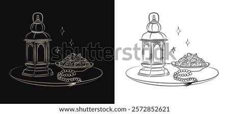 Ramadan Kareem illustration - hand drawn linear Arabic lantern, Muslim rosary praying beads and dates in a bowl as dish for Iftar isolated on black and white background. Eid Mubarak outline art