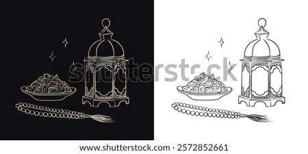 Ramadan Kareem illustration - hand drawn linear Arabic lantern, Muslim rosary praying beads and dates in a bowl as dish for Iftar isolated on black and white background. Eid Mubarak outline art
