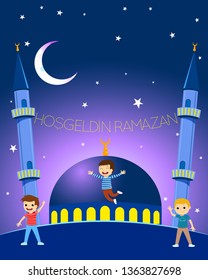 Ramadan Kareem Illustration with Happy Children and Mosque. Night Backgorund. Hosgeldin Ramazan