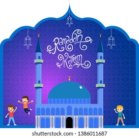 Ramadan Kareem Illustration with Happy Children and Mosque. Night Background. Handmade Typography