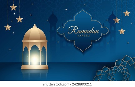 Ramadan Kareem Illustration islamisch mit Mond und Laterne, Sterne, Moschee