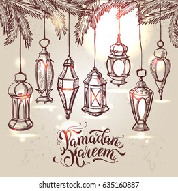 Ramadan Kareem illustration with lantern in hand drawn style.
