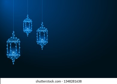 Ramadan Kareem illustration made by polygonal wireframe mesh with low poly islamic lantern at blue background. Vector.