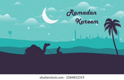 Ramadan Kareem illustration of men with a camel praying in the desert.