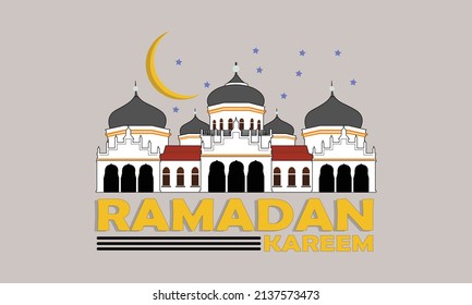 Ramadan Kareem with illustration of a mosque and crescent moon.