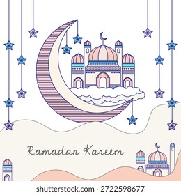 Mesquita de Ilustração Ramadã Kareem em Lua Crescente com Estrelas Penduradas na Nuvem para o Cartão de Saudação de Feriado Islâmico e Mídia Social
