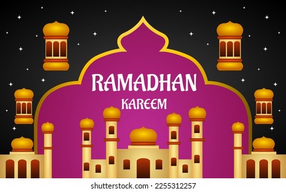 ramadan kareem illustration with mosque and lantern on black background