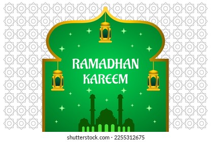 ramadan kareem illustration with mosque and lantern on green color background